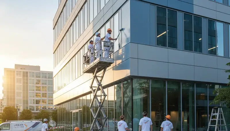 Professional commercial painters working on an office exterior in Atlanta, GA
