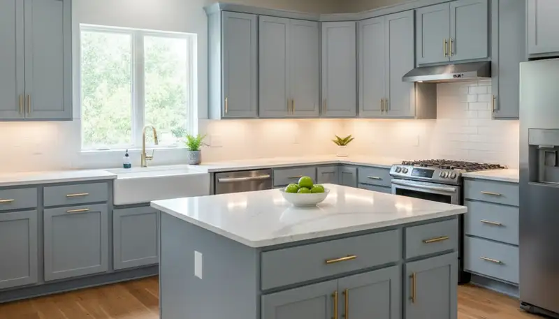 Refinished kitchen cabinets with smooth modern finish by professional painters in Atlanta, GA