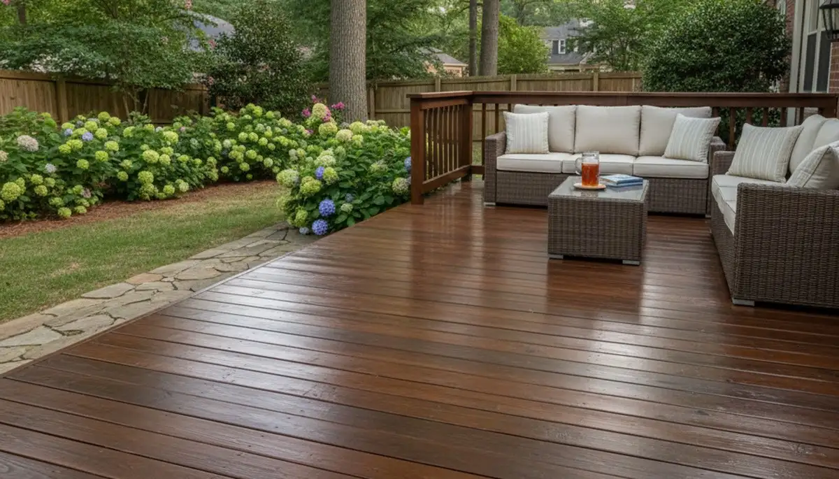 Finished deck staining in Atlanta GA showcases rich wood color and weather-resistant professional finish