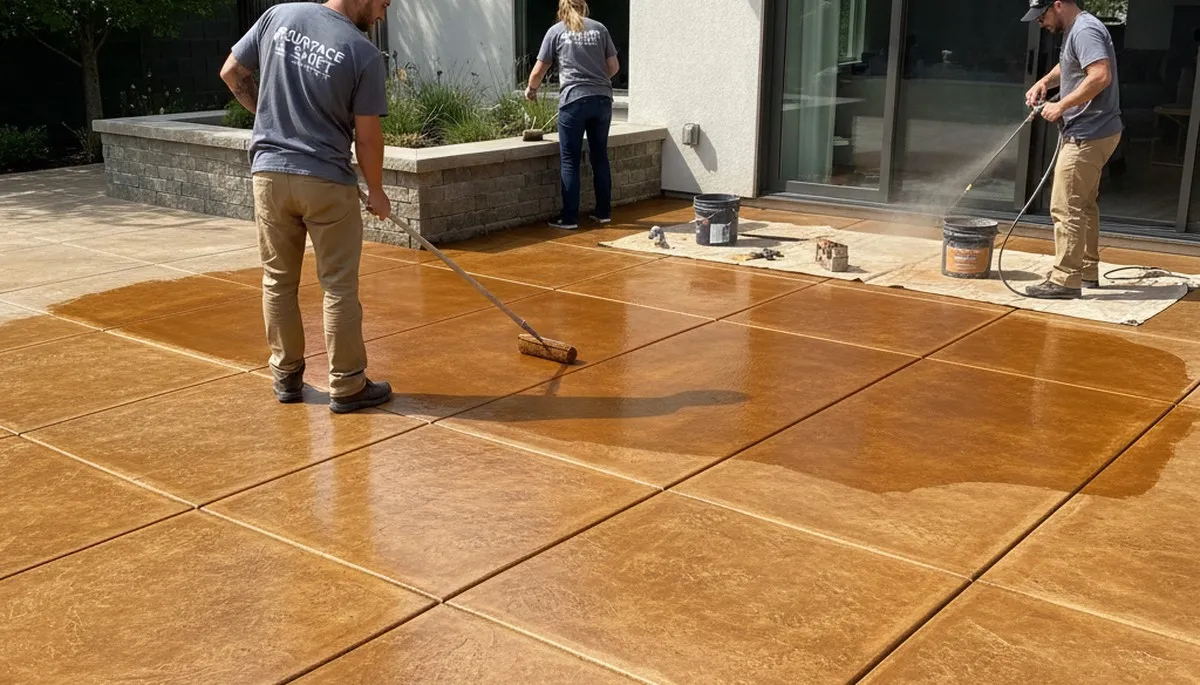 Professional concrete staining on residential driveway in Atlanta, GA for durable exterior finish