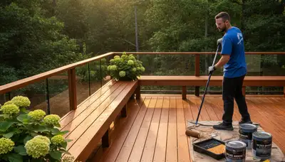 Professional deck staining and sealing on Atlanta GA home patio to protect wood from sun and moisture