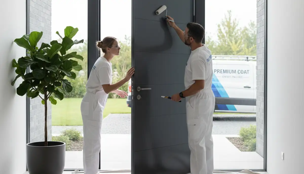 Professional painters finishing front door exterior in Atlanta, GA for durable curb appeal