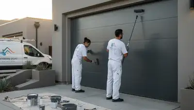 Professional painter refinishing a garage door exterior in Atlanta, GA for a durable, curb-appeal finish