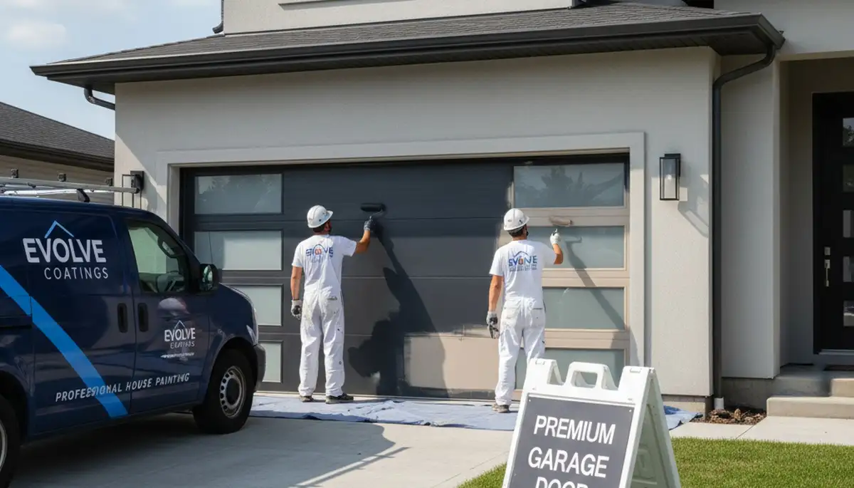 Professional painter refinishing a residential garage door in Atlanta, GA with durable exterior paint