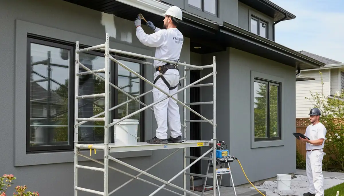 Professional gutter painting on a residential home in Atlanta, GA by expert exterior house painters