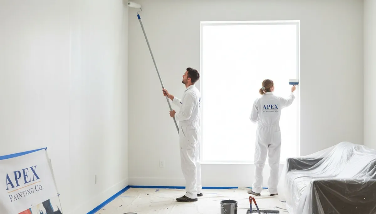Professional interior house painters working in Atlanta, GA living room with modern color finishes