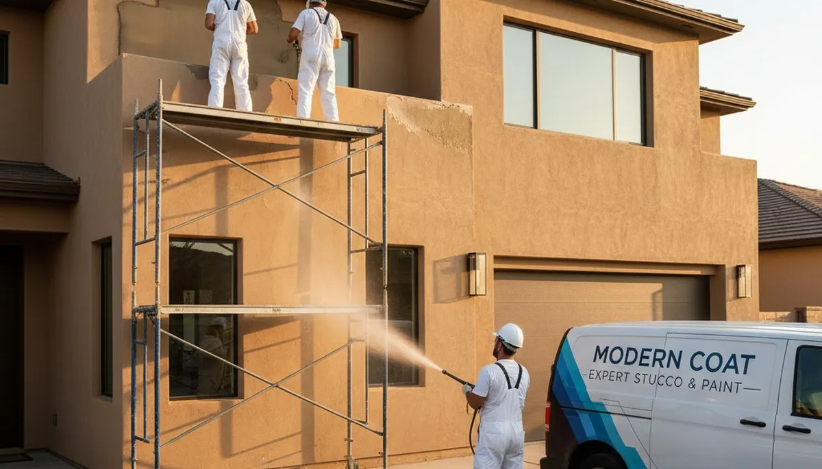 Professional stucco repair and exterior painting on Atlanta, GA home façade
