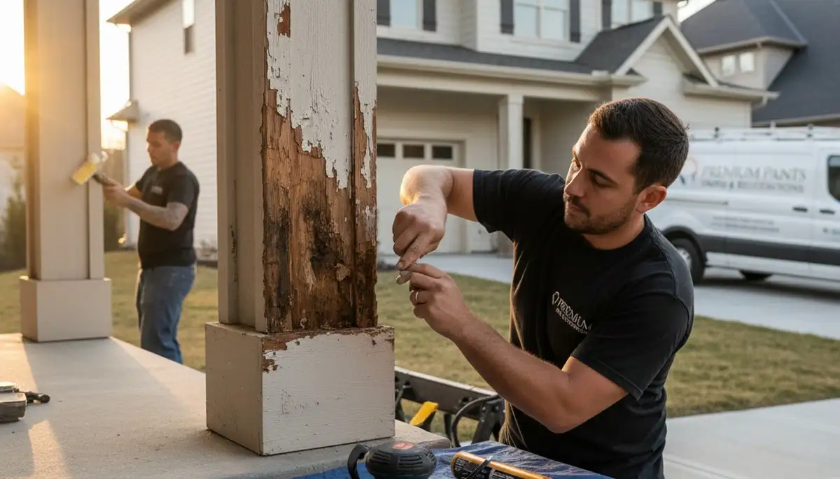 Painter repairing exterior wood rot damage on Atlanta, GA home for expert wood restoration service